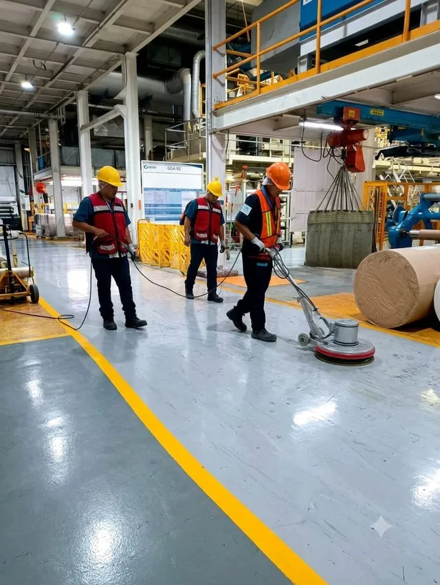 Equipo de LNG puliendo pisos en una nave industrial con equipo de seguridad